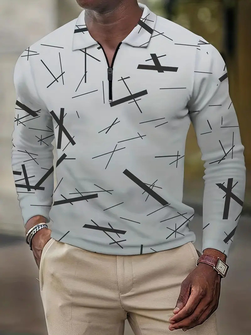 Camisa POLO de solapa de hombre básica simple con estampado digital, camisa delgada de manga larga con cremallera MB14