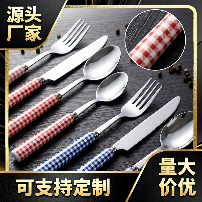 French-Style Red and Blue Checkered Ceramic Handle Stainless Steel Knife, Fork, and Spoon High-End Home-Use Western Tableware Set 4-Piece Wholesale French-Style Red and Blue Checkered Ceramic Handle Stainless Steel Knife, Fork, and Spoon High-End Home-Use Western Tableware Set 4-Piece Wholesale