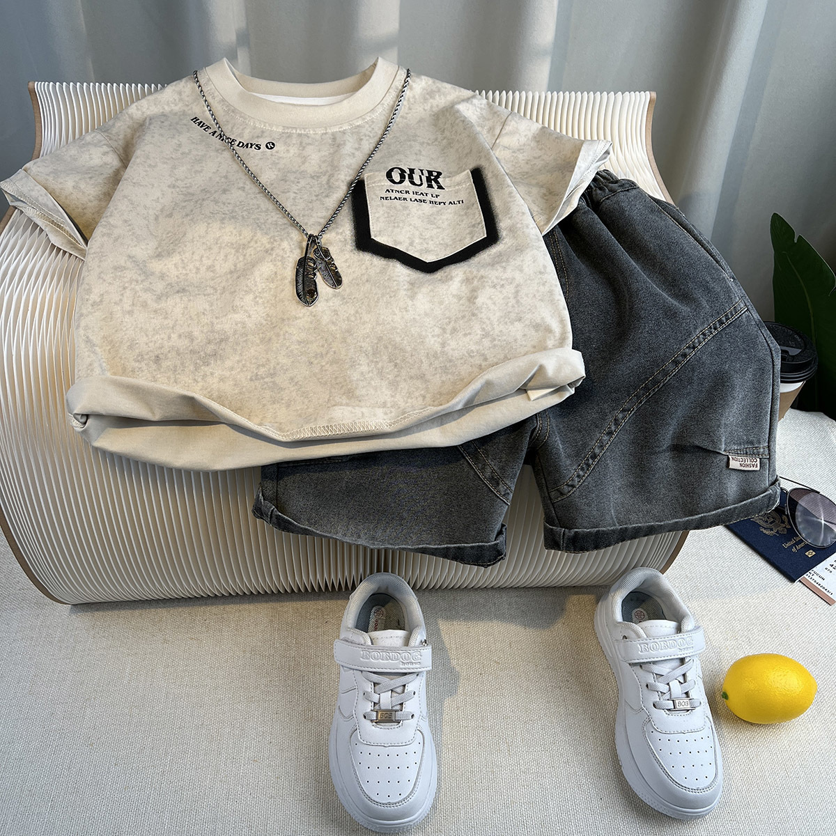 New Boys' Summer Suit, Handsome Kidsren's Short-Sleeved Cargo Pants Two-Piece Set, Baby Summer Thin Tops and Pants