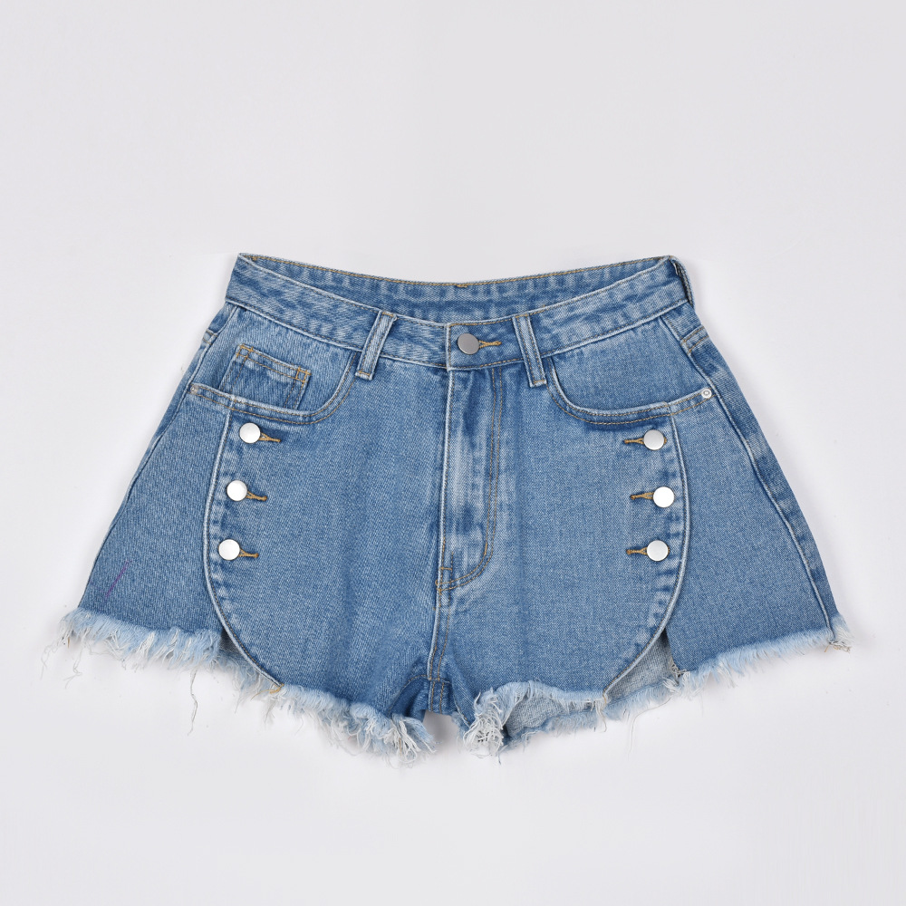 high waist elastic raw edge buttons denim shorts NSFH124255