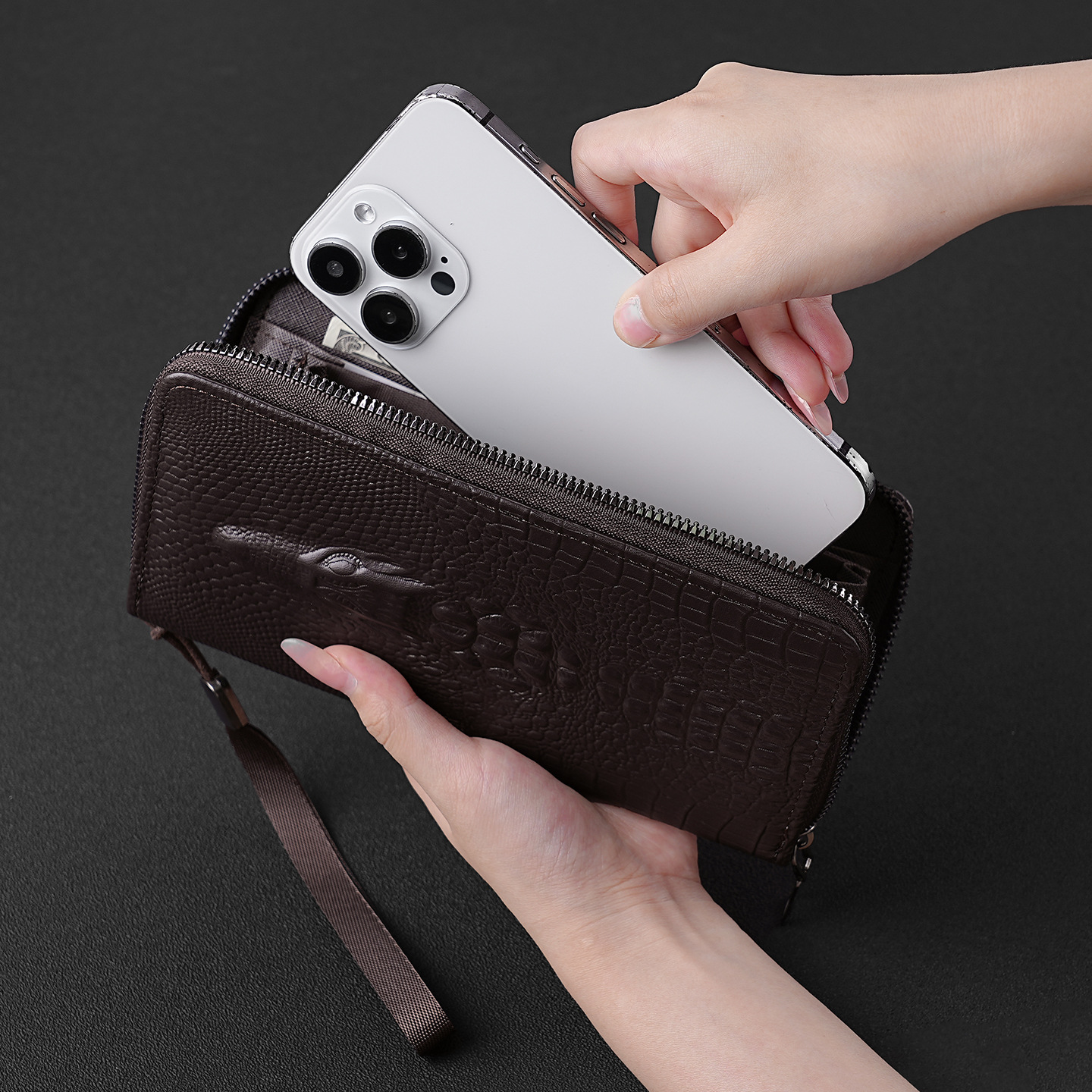 Nuevo cocodrilo patrón de hombre bolso de mano larga gran capacidad multi-tarjeta de moda bolso con cremallera