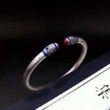 足银999南红玛瑙心经手镯女国风哑光做旧开口银手镯手环批发