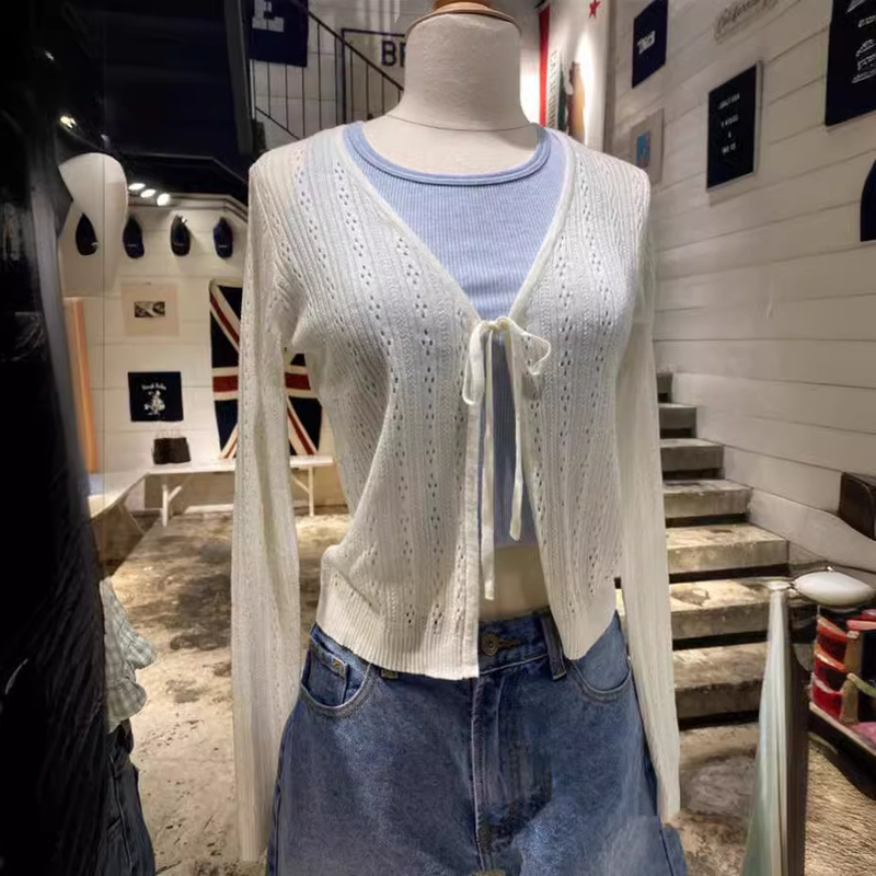 BM Style Brandy Same Style Early Autumn New Style Mesh Knitted Lace-up Sunscreen V-neck Cardigan Bm Long Sleeve Coat Women's Fashion