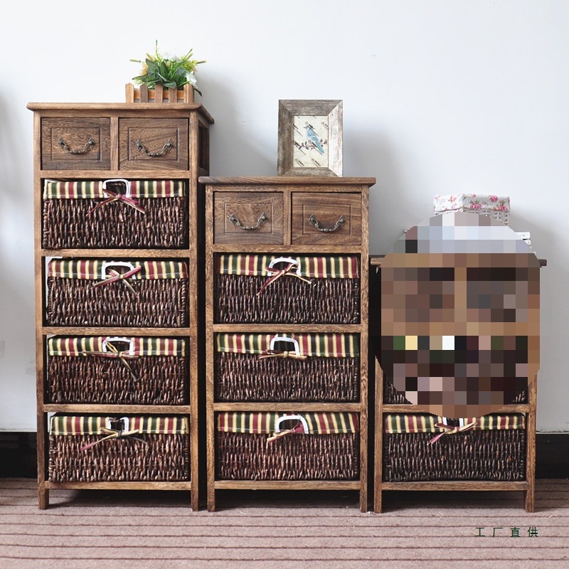 Mayorista retro madera maciza moderna simple 40CM mesita de cabecera estilo pastoral americano tela de caña almacenar armario de almacenamiento completo