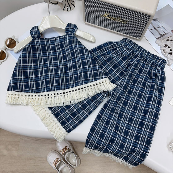 Girls Retro suit Summer New Baby Girls Plaid Sleeveless Top Pants Two-piece Set CM1135