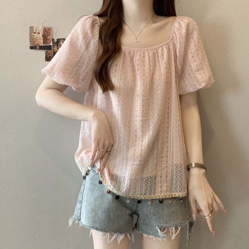 Lace Short-Sleeved Shirt for Women, Summer High-End Design Tassel Top, French-Style Versatile Square-Neck Shirt Lace Short-Sleeved Shirt for Women, Summer High-End Design Tassel Top, French-Style Versatile Square-Neck Shirt
