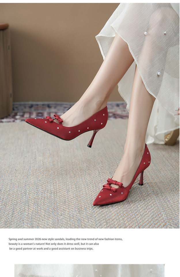 Giày cao gót nữ mũi nhọn gót mảnh 6–8 cm, thiết kế hai nơ đính đá pha lê, giày cưới phù dâu dự tiệc — Màu hồng, Màu đỏ rượu, màu đen chi tiết 6