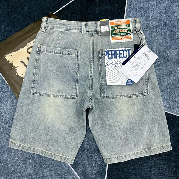 Summer American High-End Men's Denim Shorts Japanese Retro Thin Casual Distressed Loose Straight Five-Point Shorts for Men