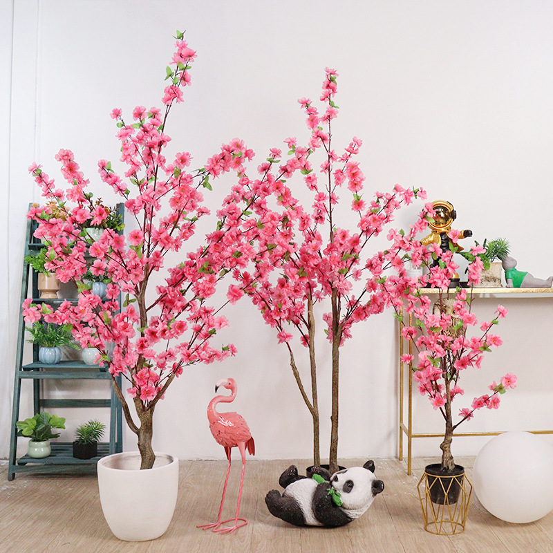桃の花の偽の木の盆栽の客間の装飾の桃の木の着地の花の室内の木の偽のプラスチックの植物の景観の木をシミュレーションします。|undefined
