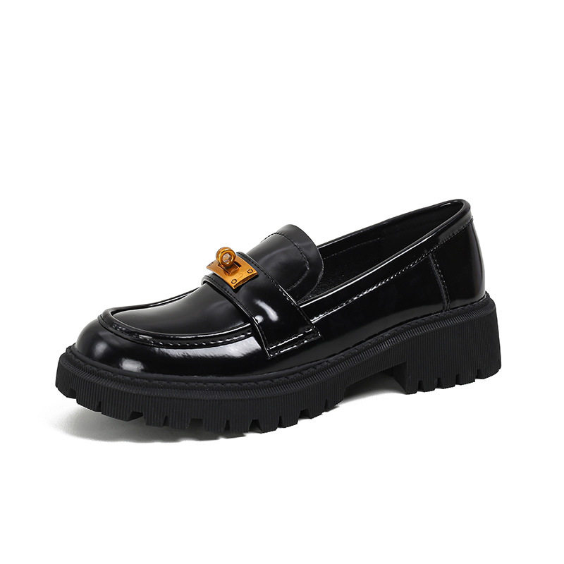 Giày lười nữ da mềm mũi tròn đế dày khóa vàng gót vuông 3–5 cm — Màu đen