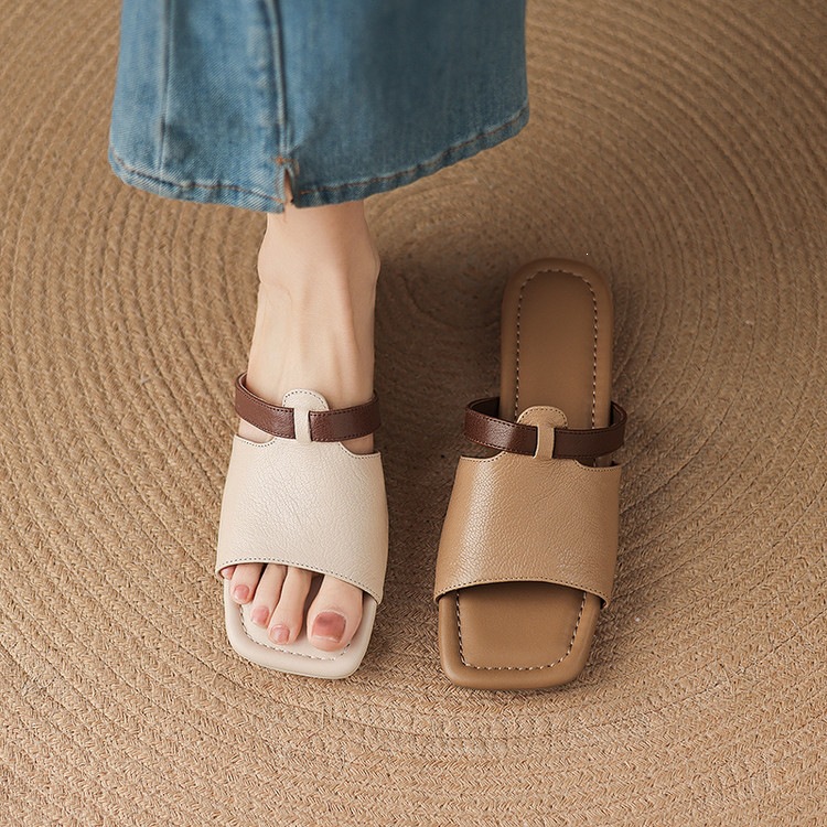 Dép sandal nữ xỏ ngón đế bệt phối màu hở mũi thời trang — màu trắng ngà, màu mơ chi tiết 50