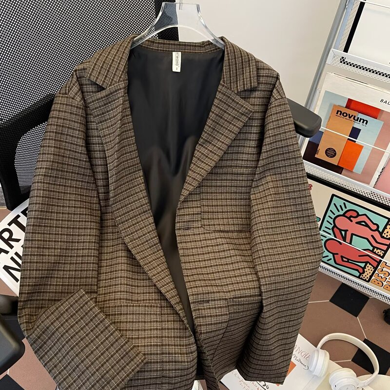 Brown Plaid Suit Jacket for Men, New Spring and Autumn Japanese Retro Loose Casual Melard Style Suit Jacket