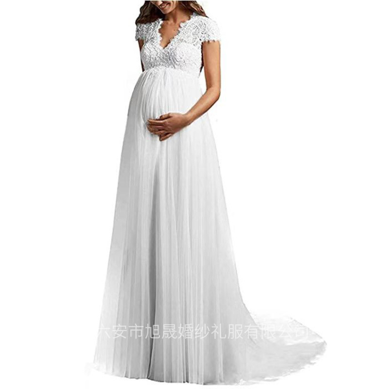 Foreign trade European and American maternity wedding dress bridal lace Mori small trailing main wedding dress high waist belly covering welcome yarn