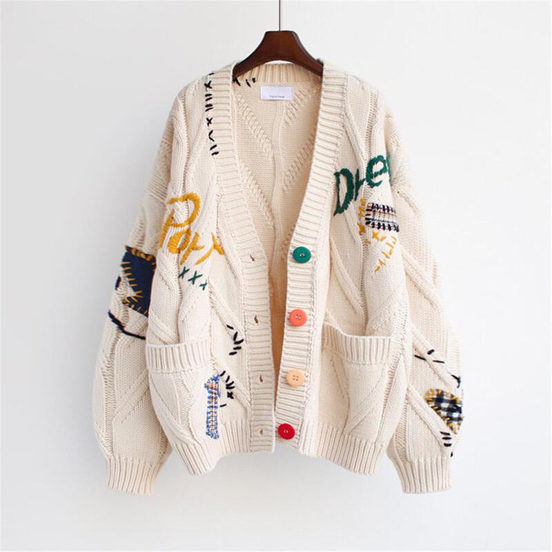 Women's Korean-style letter-embroidered loose knit cardigan, new autumn and winter color-blocked casual cardigan Women's Korean-style letter-embroidered loose knit cardigan, new autumn and winter color-blocked casual cardigan