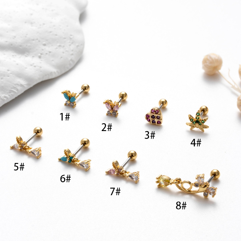 Nuevos pendientes de tornillo de doble cabeza de acero inoxidable de 0,8 polos de Henson, pendientes pequeños y frescos a la moda con forma de mariposa de circonio en polvo_voghion.com