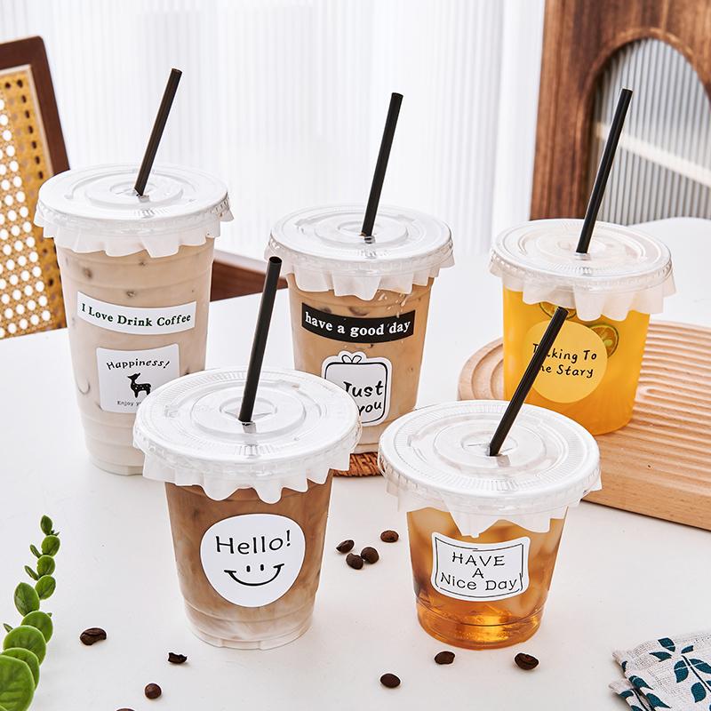 Taza de bebida fría PET desechable de té de leche, té de fruta de limón, café helado con taza de tapa de 98 calibre comercial al por mayor jugo de naranja