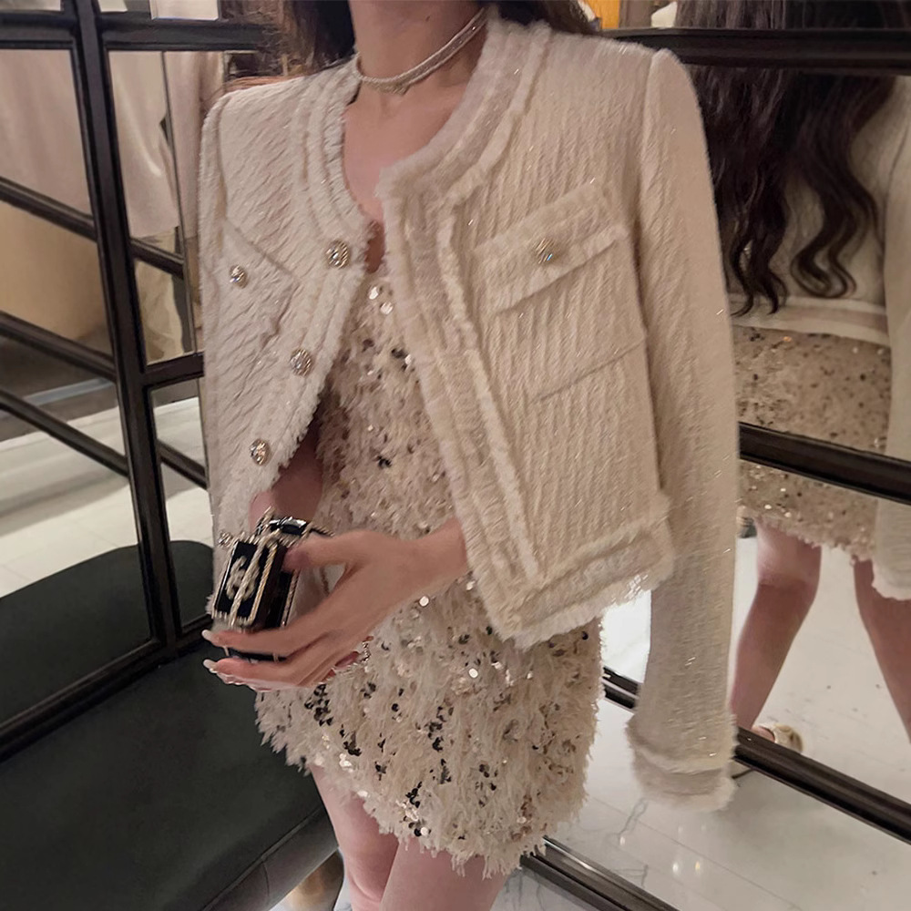 FFmiss◆名媛流苏亮丝编织羊毛呢短外套女秋小香风粗花呢西装开衫