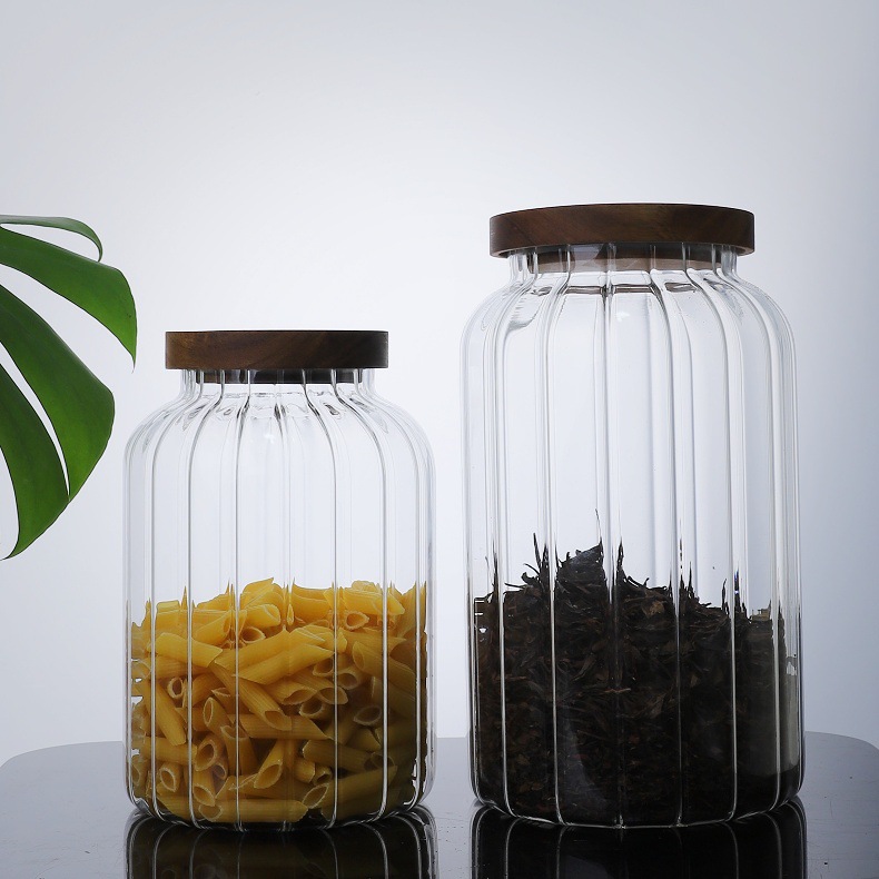 Large Capacity Acacia Wood Lid Vertical Grain Sealed Pot Green Orange Coarse Grains Glass Storage Pot High Borosilicate Glass Tea Pot