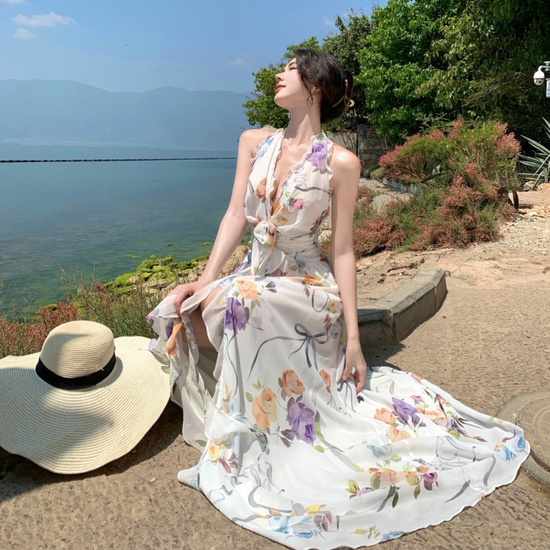 Vestido de cuello halter de viento suave para mujer 2025 verano falda larga de gasa floral falda sin espalda con volantes image 2