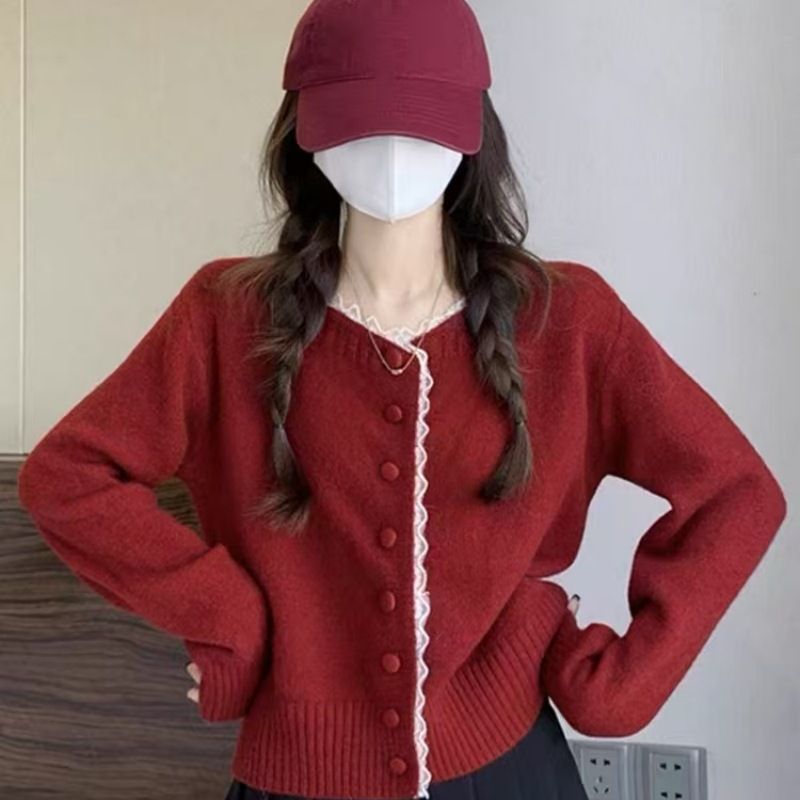 法式蕾丝花边开衫女时尚单排扣温柔宽松甜美针织毛衣春秋外套上衣|undefined
