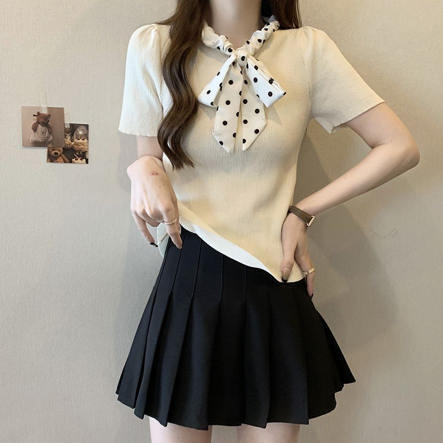 2024 neuer Sommer süßer Polka Dot-Pullover mit Kordelzug, kurzärmeliges Eisseide-Bauchbedeckung, kleines duftendes Streifenoberteil für_voghion.com