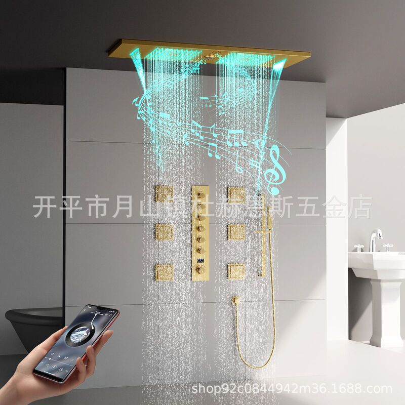 Wire drawing gold 900x 300mm LED music double shower system bathroom concealed hot and cold digital display shower suit