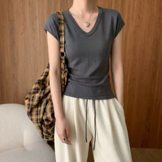 夏季新款莱赛尔天丝醋纤棉混纺U领短袖T恤女纯色休闲透气百搭上衣