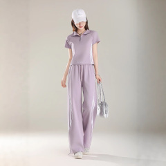 2025 半袖夏の新しいデザインのトップワイドレッグパンツスーツ 2 点セット