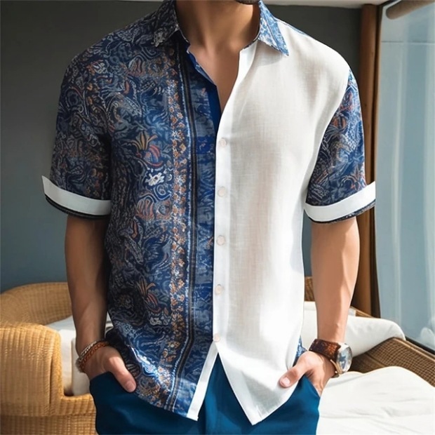 夏季新款跨境男士时尚潮流短袖衬衫3D数码印花竹节麻宽松休闲衬衫|undefined
