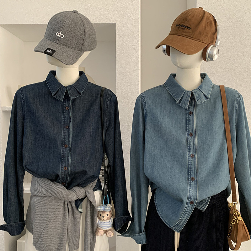 Omalai Design-Inspired Lapel Single-Breasted Long-Sleeve Denim Shirt Early Spring New Cardigan Solid Color Top 6293