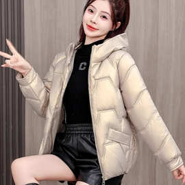 冬季新款亮面免洗女士棉衣短款韩版宽松连帽加厚外套外出格子棉衣