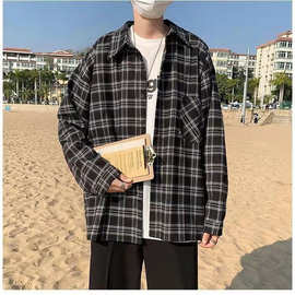 港风格子衬衫男女长袖韩版潮流帅气宽松休闲衬衣学生上衣外套春秋