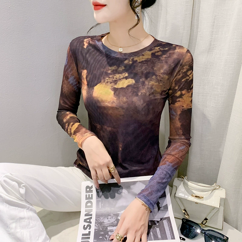 Настоящие европейские товары 2023 осенне-зимняя мода марлевая печать позиционирование цветок с длинным рукавом с круглым вырезом тонкий стройнящий модный топ