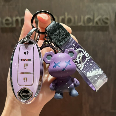 Case Qijun Qashqai Xuanyi | Car key bag - nissan-b-smart-3-key-single-shell-purple-purple-violence-bear-pendant