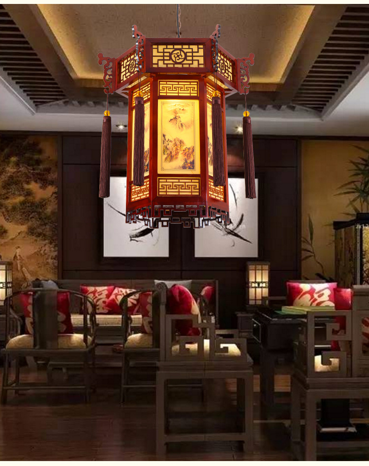 中式仿古实木宫灯羊皮宫廷吊灯复古建筑酒店寺庙长廊亭子六角灯笼-阿里巴巴