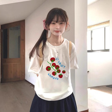 2025夏季新爆款番茄印花短袖T恤女宽松显瘦小个子百搭上衣中长款