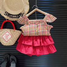 柠里 女童夏季甜美格子吊带娃娃衫+荷叶边短裤两件套女宝可爱套装