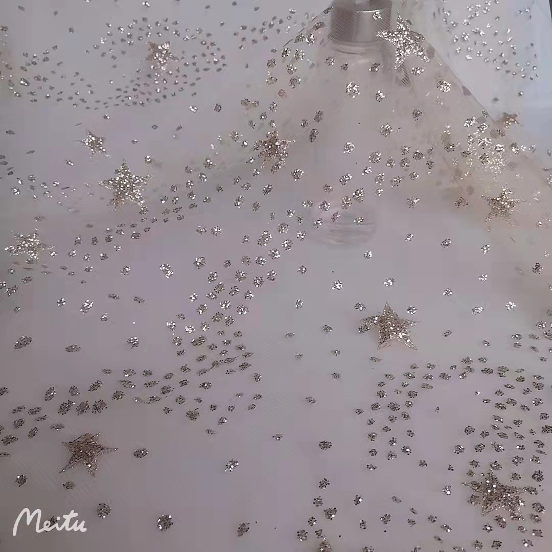 新款~闪亮款锦密加强网纱大小五角星圆点印细亮片 礼服等网纱面料