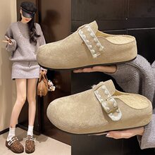 子一脚蹬厚底内增高包头半拖鞋女新款2025加绒外穿棉勃肯鞋拖鞋冬