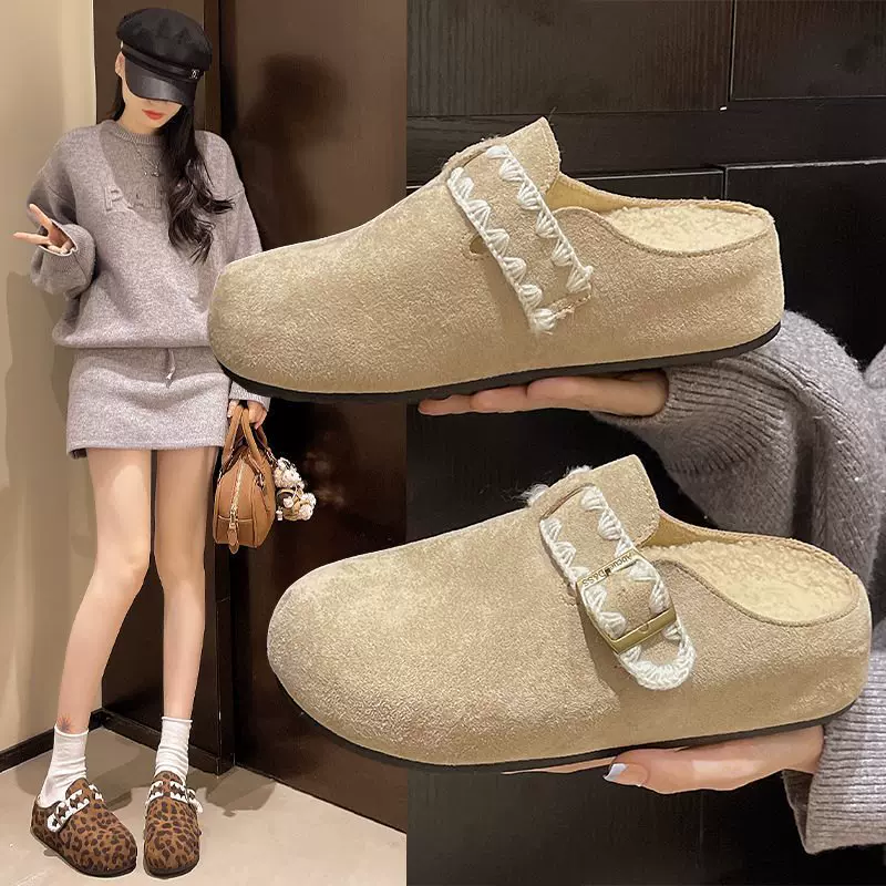 子一脚蹬厚底内增高包头半拖鞋女新款2025加绒外穿棉勃肯鞋拖鞋冬