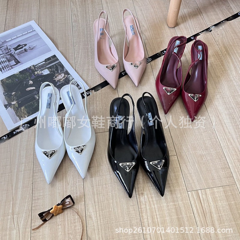 High-End P Brand High-Heeled Shoes with Pointed Toe, Closed Front, Thin Heel, Open Back, Sexy and Elegant, with Triangle Logo, Fairy-Style Sandals High-End P Brand High-Heeled Shoes with Pointed Toe, Closed Front, Thin Heel, Open Back, Sexy and Elegant, with Triangle Logo, Fairy-Style Sandals
