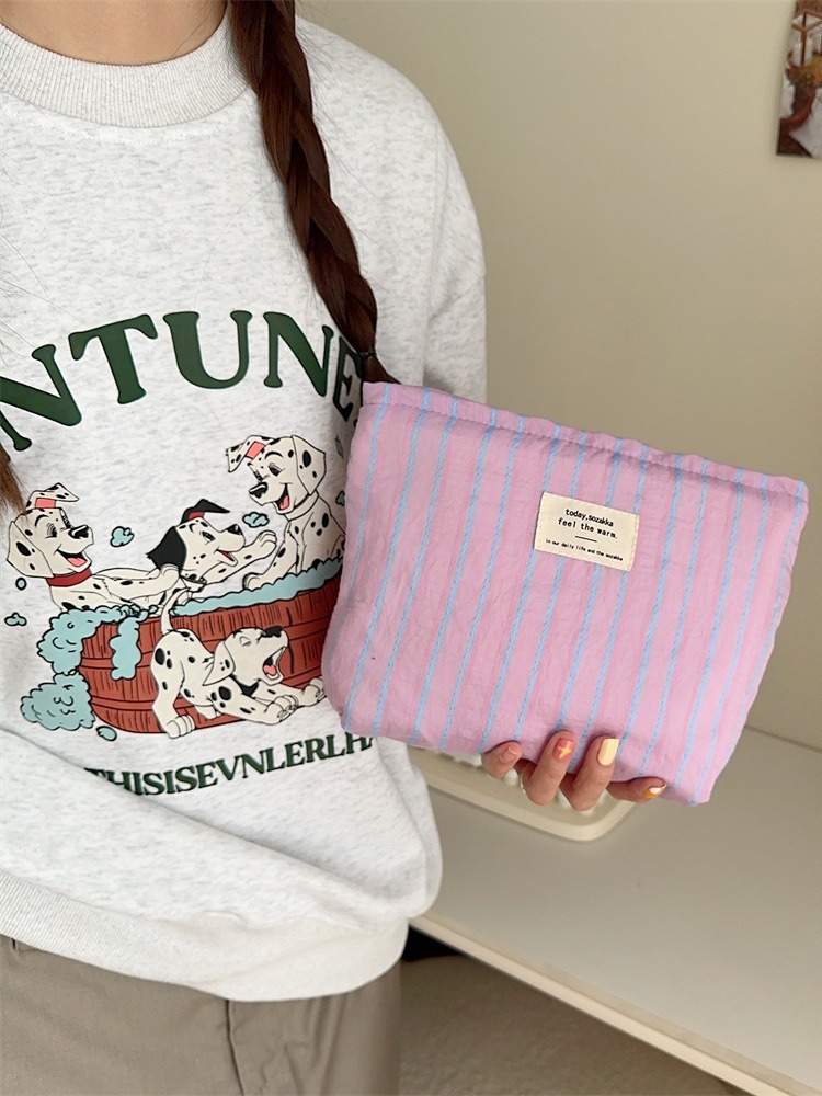 311024 Ins Canvas Striped Makeup Bag for Women, Portable Large Capacity Storage Bag with Inner Liner, Skincare and Toiletries Bag