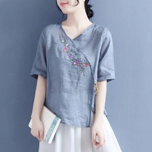 薄款棉上衣女民族风复古橄榄木扣斜襟刺绣宽松五分袖套头衬衫潮