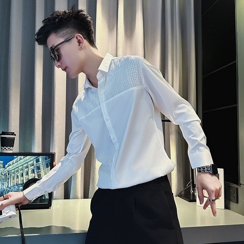 Men's Long-Sleeve High-End Autumn/Winter Collar Shirt, Trendy Bad Boy Hairstylist Top, Casual Upper Shirt