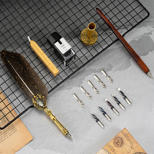 European style dipped quill pen set retro striped feather gift pen fire paint seal business gift box quill pen