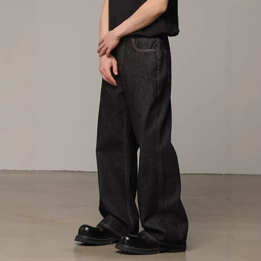 Classic American Raw Denim Jeans For Men – Straight Leg Relaxed Fit Washed Black Denim Pants, Vintage Style For Everyday Wear_mkmklike.com
