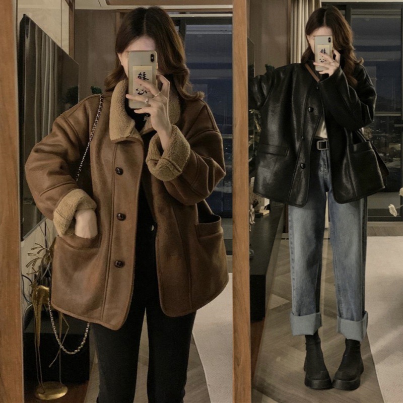 Fur One-Piece Jacket for Women in Winter, Large Size, Fat and Slimming Look, High-End Lamb Hair Motorcycle Jacket, Thickeneded Jacket Top