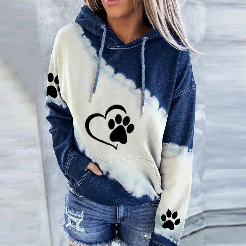 2022 Autumn/Winter Amazon European and American Foreign Trade Cat Paw Print Pullover Hooded Sweatshirt for Women, Casual Long-Sleeve Trendy Style