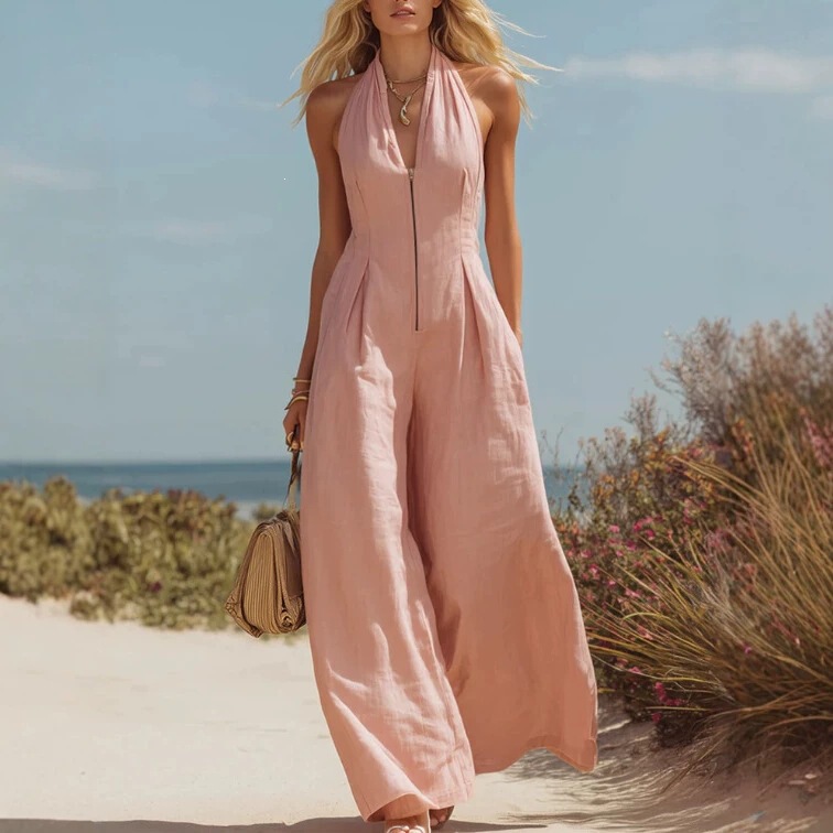 European and American style halter neck sleeveless jumpsuit, cross-border fashion wide-leg pants, V-neck with zipper, solid color, waist-cinching jumpsuit European and American style halter neck sleeveless jumpsuit, cross-border fashion wide-leg pants, V-neck with zipper, solid color, waist-cinching jumpsuit