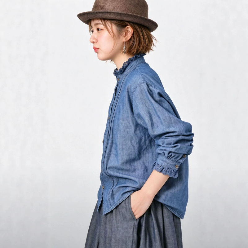 Directly Supplied from the Original Factory, Foreign Trade Clothing Ctrl C 45R Lace Long-Sleeve Shirt, Japanese-Style Denim with Ruffled Edges Directly Supplied from the Original Factory, Foreign Trade Clothing Ctrl C 45R Lace Long-Sleeve Shirt, Japanese-Style Denim with Ruffled Edges